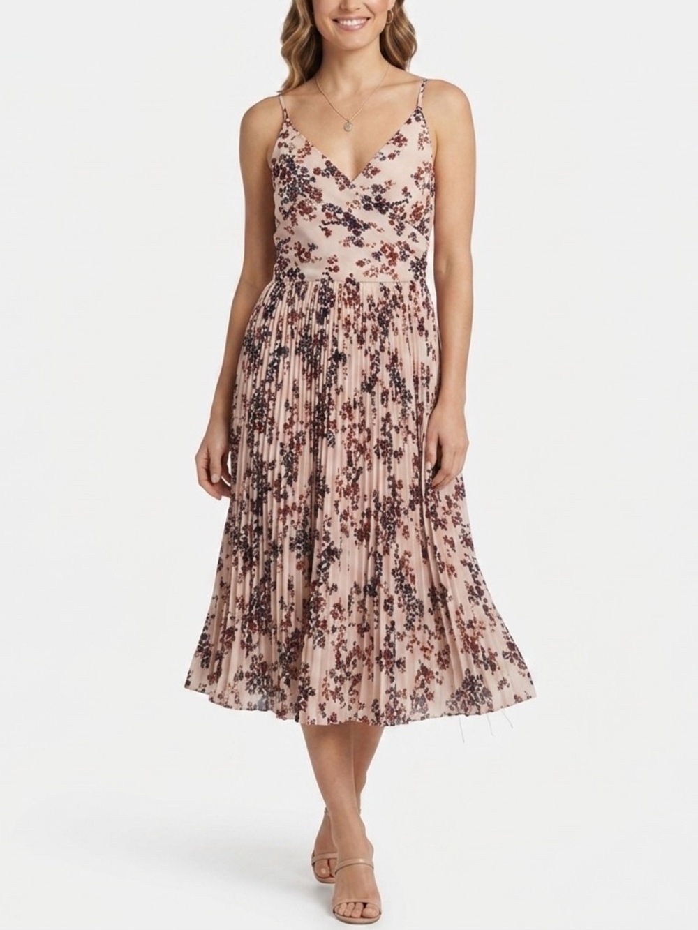 Dex Pink Floral Pleated Midi Dress - Large